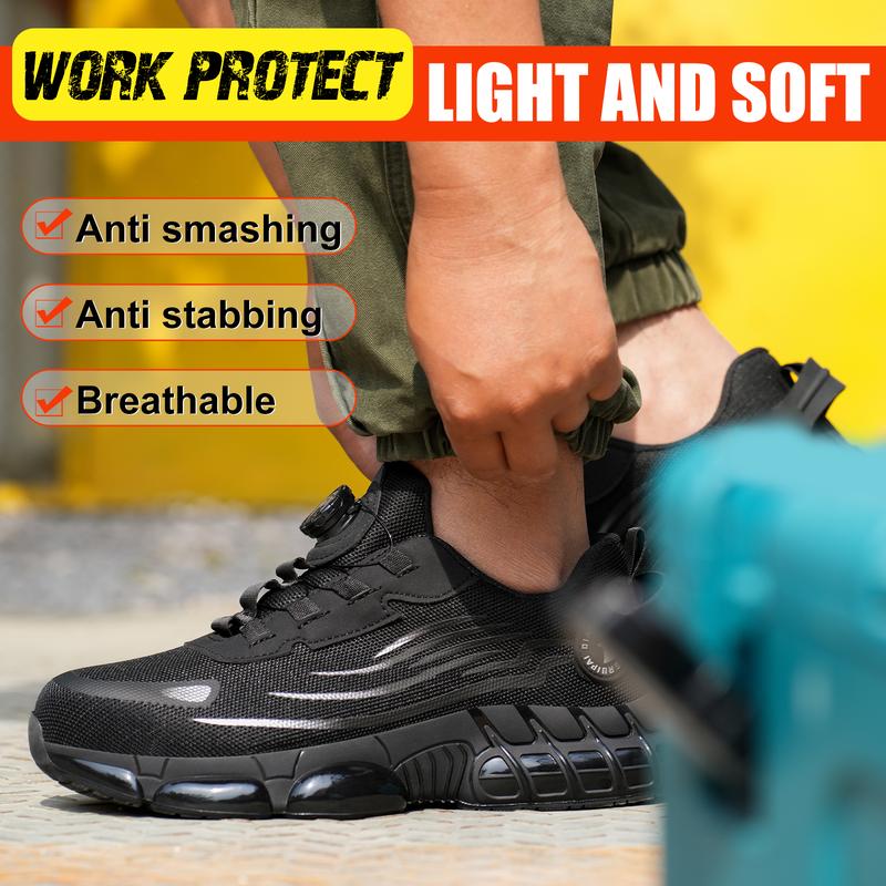 Men's Breathable Mesh Work Sneakers Durable Anti Slip Safety Shoes Steel Toe Protection Comfort Fit All Seasons Casual Striped Design Elastic Closure Non Slip EVA Sole