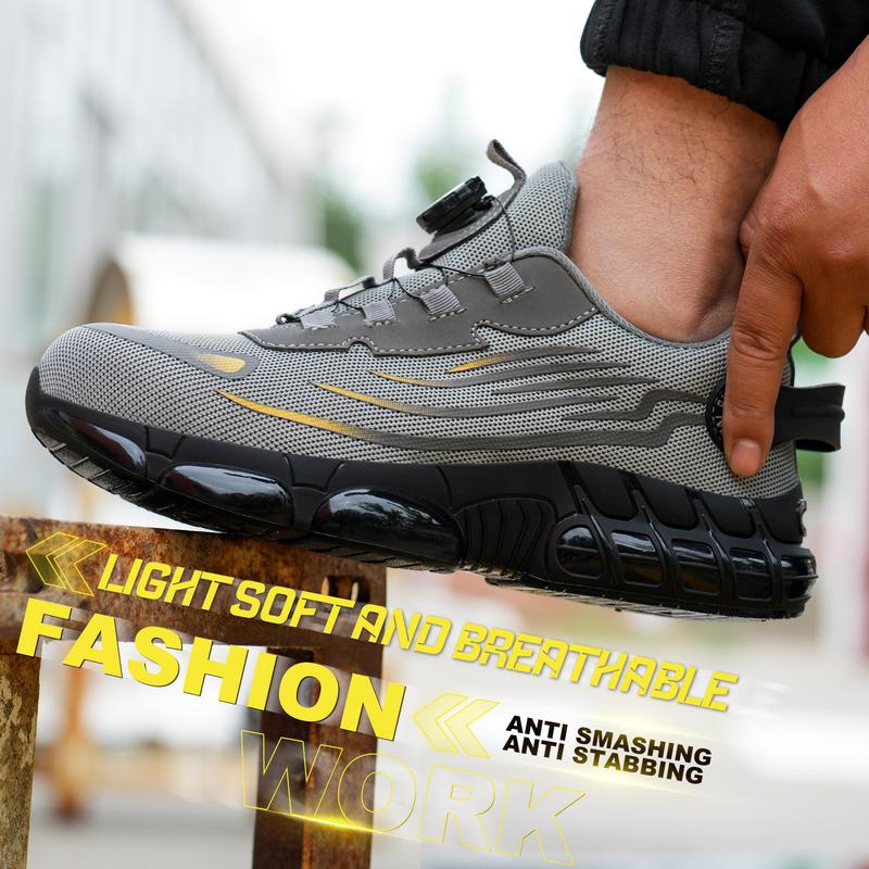 Men's Breathable Mesh Work Sneakers Durable Anti Slip Safety Shoes Steel Toe Protection Comfort Fit All Seasons Casual Striped Design Elastic Closure Non Slip EVA Sole
