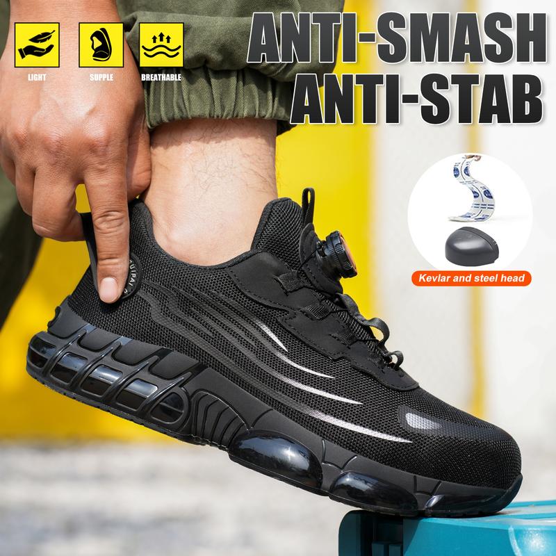 Men's Breathable Mesh Work Sneakers Durable Anti Slip Safety Shoes Steel Toe Protection Comfort Fit All Seasons Casual Striped Design Elastic Closure Non Slip EVA Sole