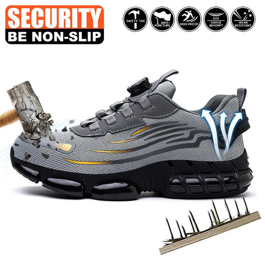 Men's Breathable Mesh Work Sneakers Durable Anti Slip Safety Shoes Steel Toe Protection Comfort Fit All Seasons Casual Striped Design Elastic Closure Non Slip EVA Sole